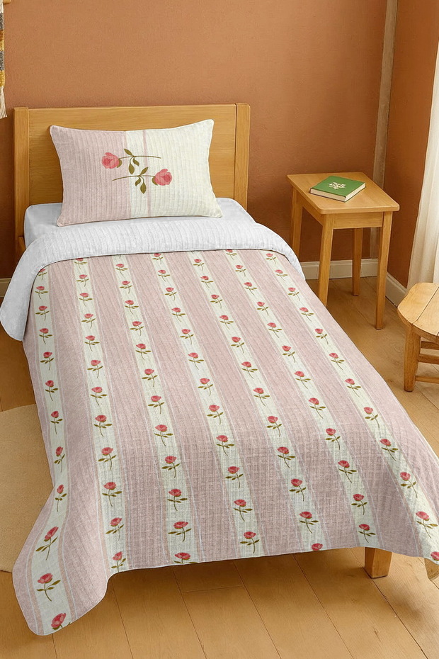 100% Cotton Vintage Rose Stripes Patterned Single Pique Set