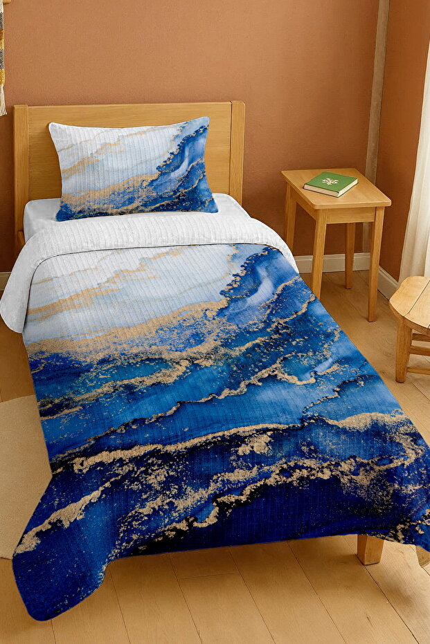 100% Cotton Gold Veined Blue Granite Patterned Single Pike Set