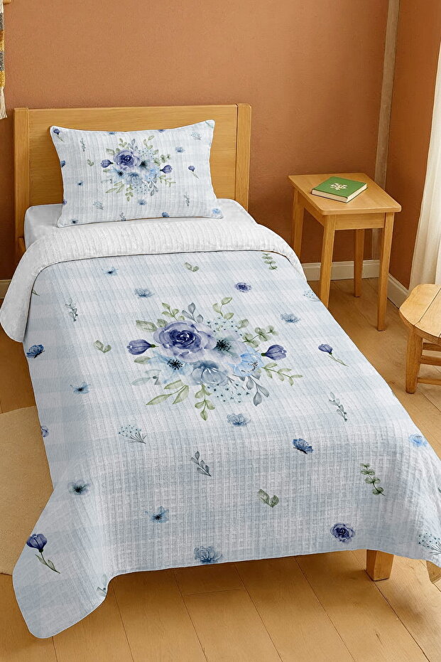 100% Cotton Blue Flower Bouquet Designed Single Bedspread Set