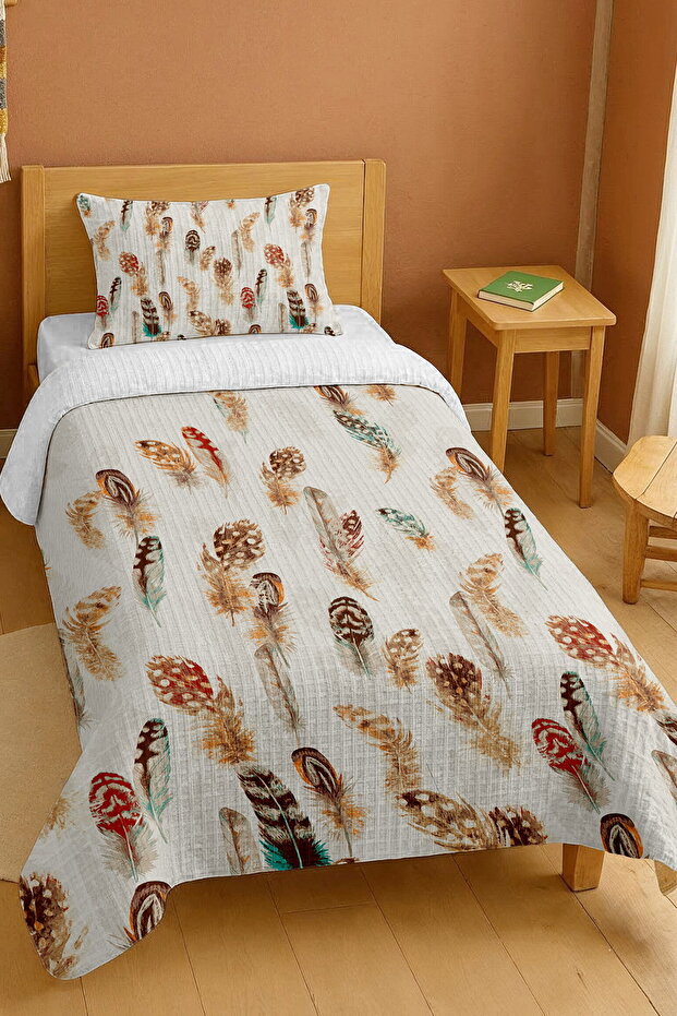 100% Cotton Autumn Feather Patterned Single Bedspread Set