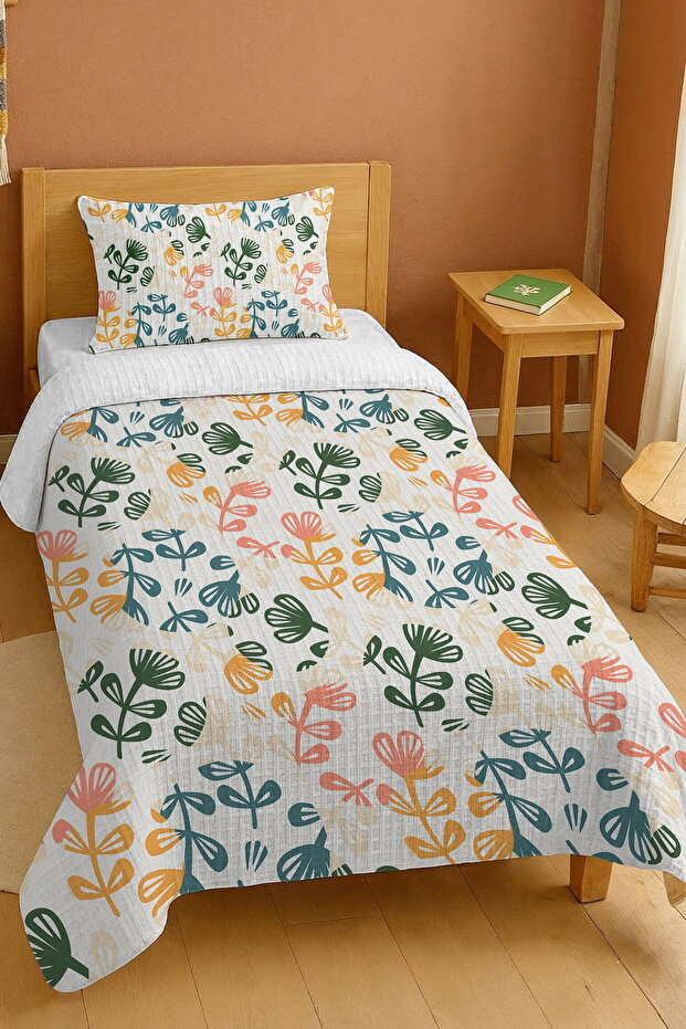 100% Cotton Colorful Botanical Leaves Patterned Single Pique Set