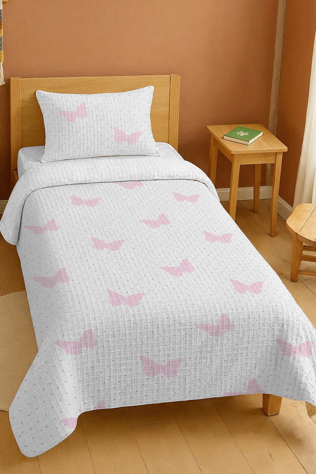 100% Cotton White Polka Dot Butterflies Patterned Single Pike Set