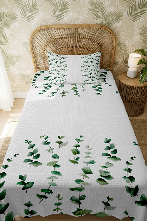 100% Cotton Green Eucalyptus Leaf Patterned Single Bedspread Set - 3