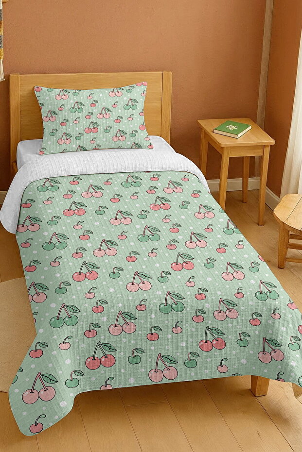 100% Cotton Pastel Cherries Patterned Single Pike Set