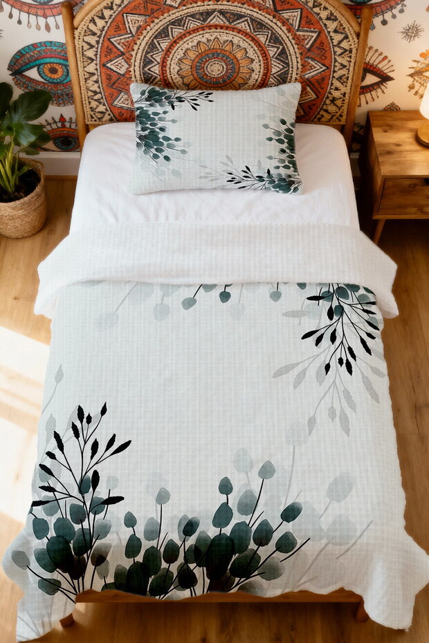 100% Cotton Green Black Leaf Patterned Single Bedspread Set - 2