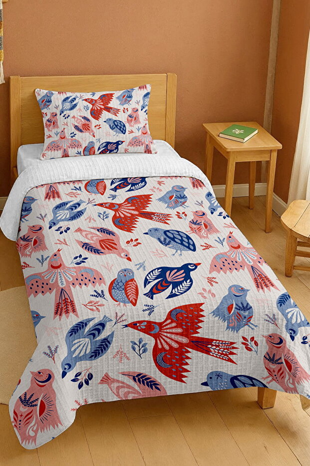 100% Cotton Ethnic Blue Red Birds Patterned Single Pique Set