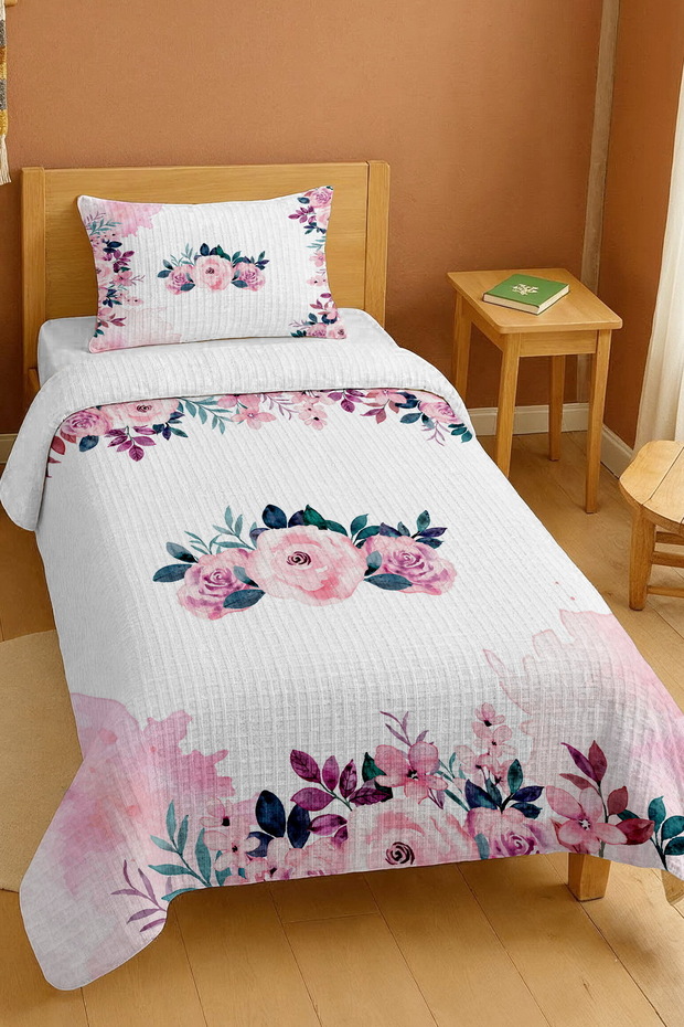 100% Cotton Pink Roses Patterned Single Pique Set