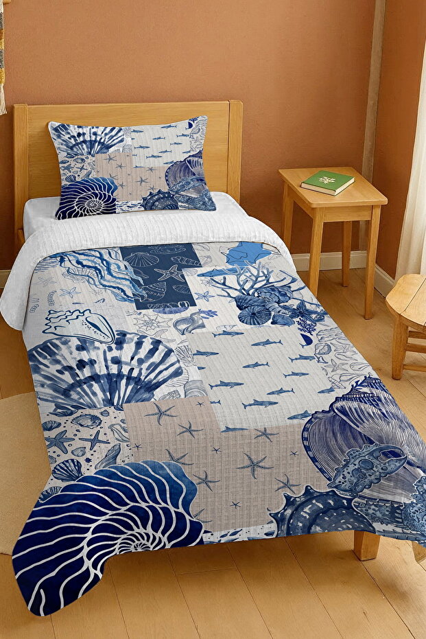 100% Cotton Navy Blue Undersea Creatures Patterned Single Pike Set