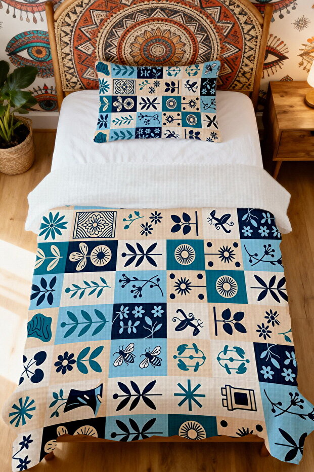 100% Cotton Leaf Print Patterned Single Bedspread Set - 2
