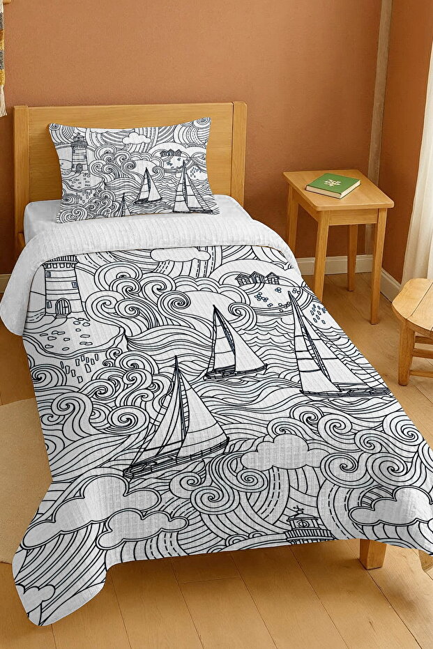 100% Cotton Wavy Sea Sandals Patterned Single Person Pike Set
