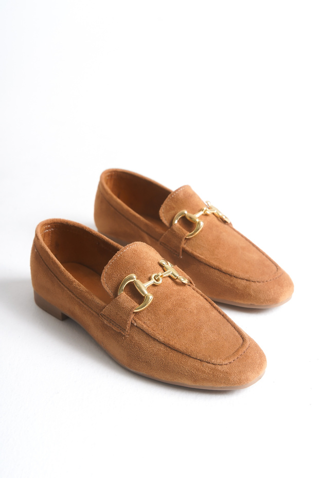 Women's Loafer Ballet Flats with Buckle, Brown Suede