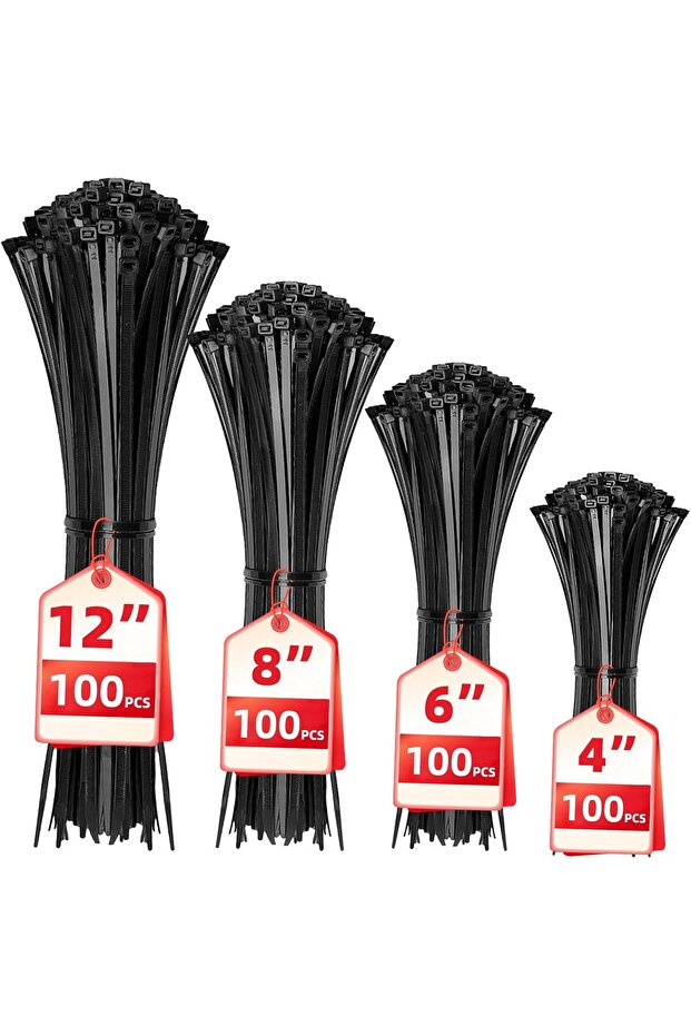 HAVE ME TD Black Zip Cable Ties, 400 Pack Assorted Sizes 4+6+8+12 Inch, Nylon, Self-Locking