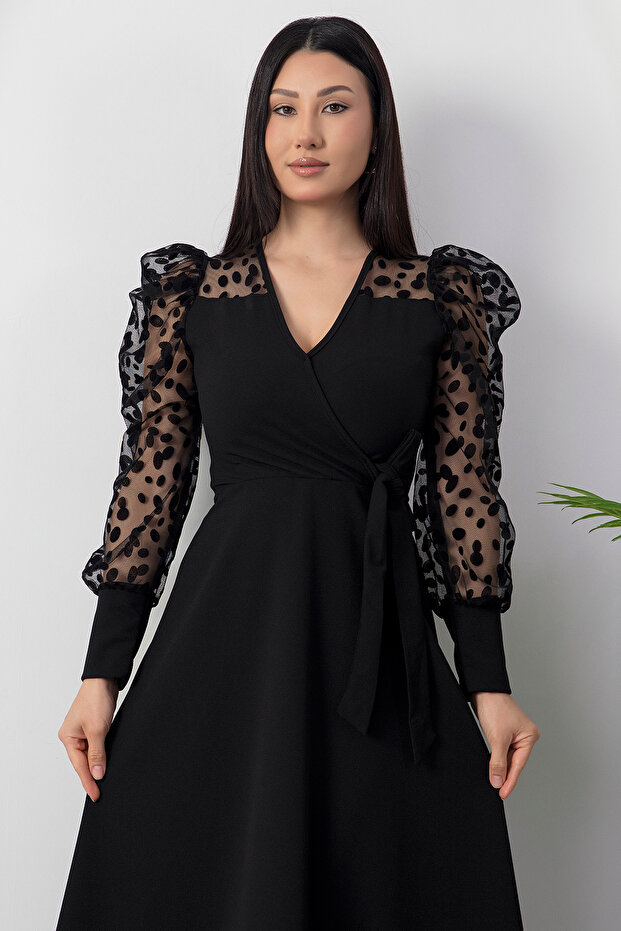 Degaje Yaka Kollar Floklu Krep Elbise 2025-4376 - 2