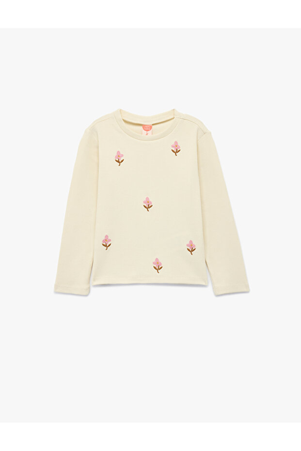 Cotton Long Sleeve Crew Neck Floral Embroidery Detail T-Shirt