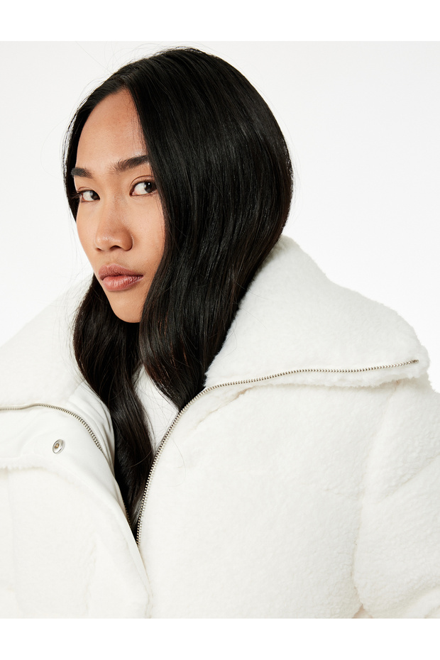 Long Sleeve Pocketed Zip-Up Mock Neck Detail Anorak Plush Puffer Coat