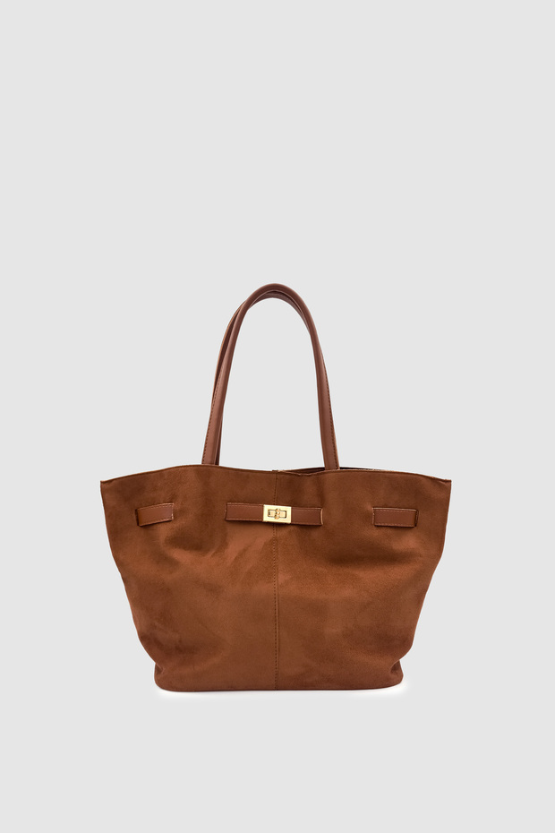Ferny Belt, Buckle and Stitching Detailed Suede Arm and Shoulder Bag Brown