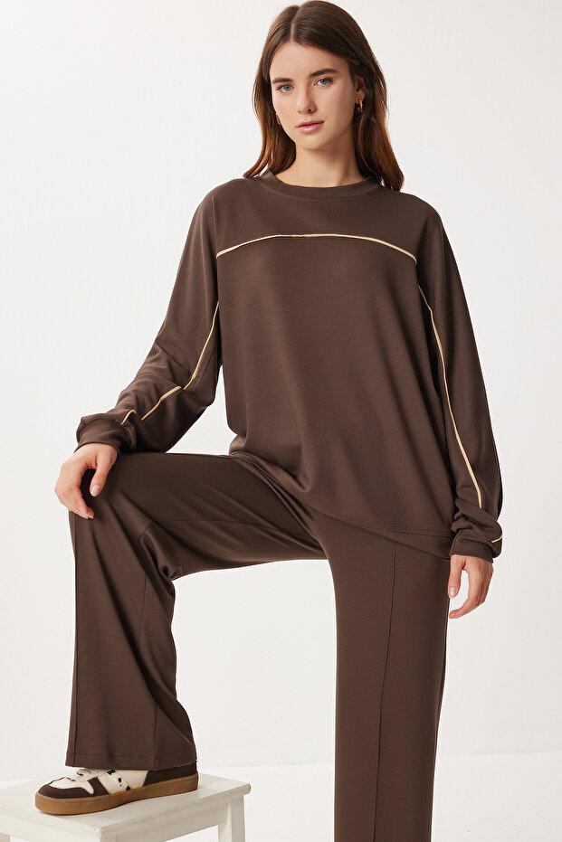 Contrast Stripe Modal Top and Bottom Set Lci0062 Brown