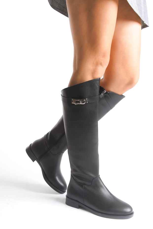 Γυναικείες μπότες Μαύρες δερμάτινες μπότες ιππασίας πάνω από το γόνατο με αξεσουάρ πόρπης, αντιολισθητική σόλα με φερμουάρ Massimo - 3