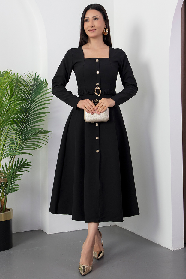 Square Neck Buttoned Rubber Belt Dress 2025-4314