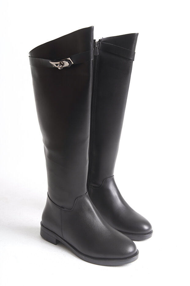 Γυναικείες μπότες Μαύρες δερμάτινες μπότες ιππασίας πάνω από το γόνατο με αξεσουάρ πόρπης, αντιολισθητική σόλα με φερμουάρ Massimo - 5