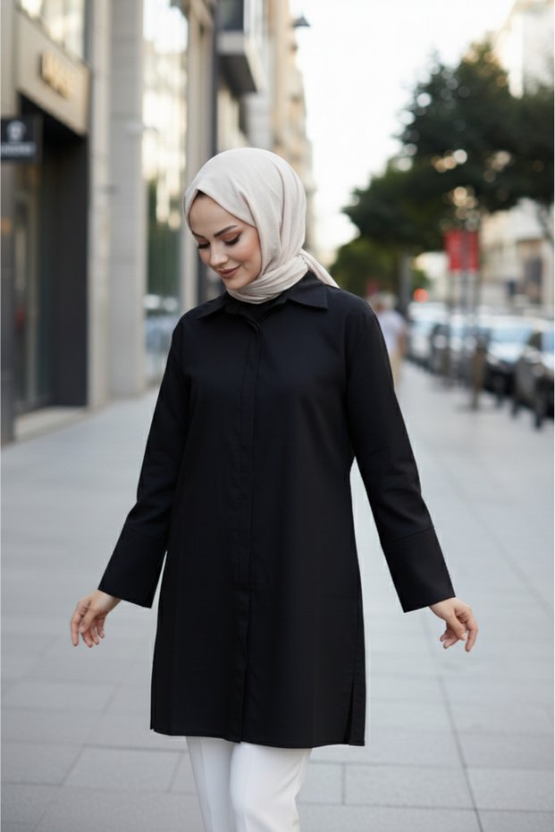 Black - Wide Cuffs 96% Cotton Stretchy Poplin Long Tunic Women's Hijab Shirt 1160-Tes