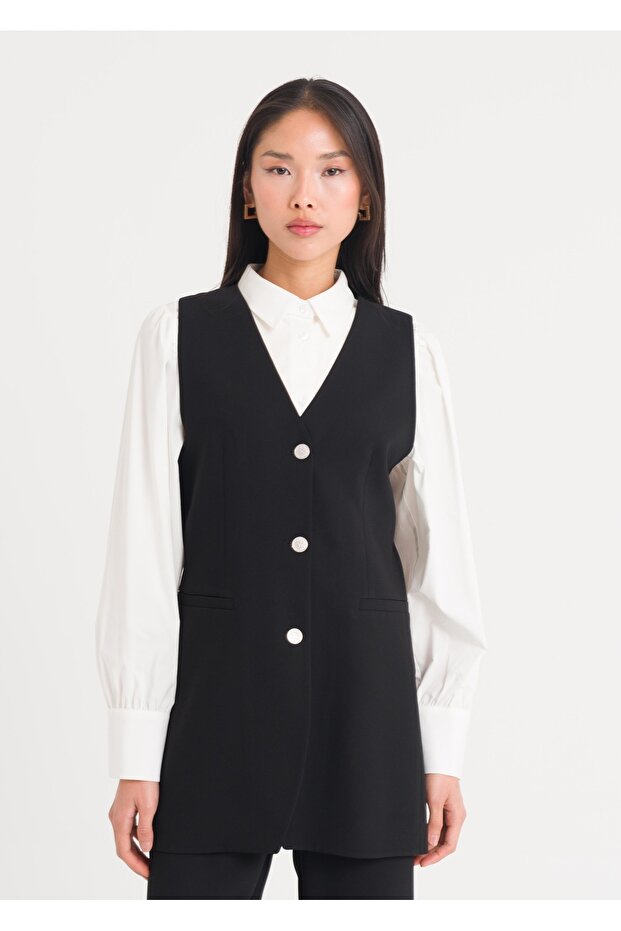 Düğmeli Uzun Yelek - 1