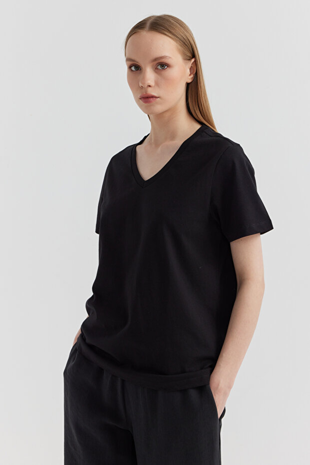 Kadın V Yaka Basic T-shirt - 5