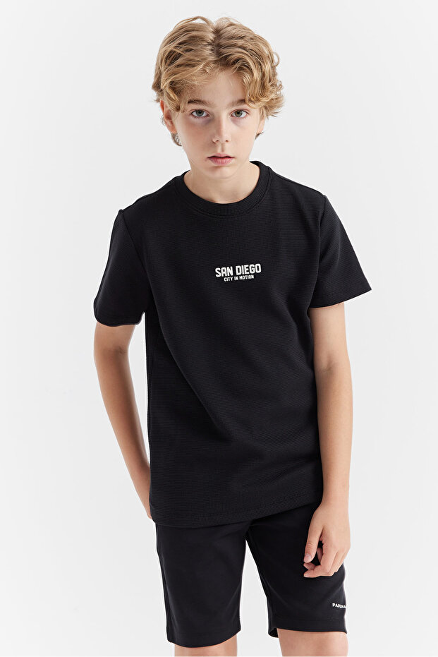 Men's Waffle Fabric T-Shirt with Letter Print Detail