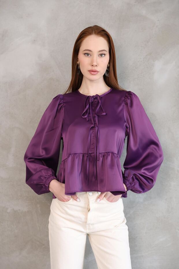Collar Bias Skirt Gathered Tunic-Purple
