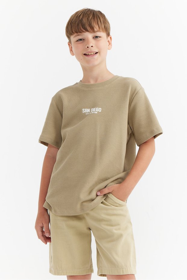 Men's Waffle Fabric T-Shirt with Letter Print Detail