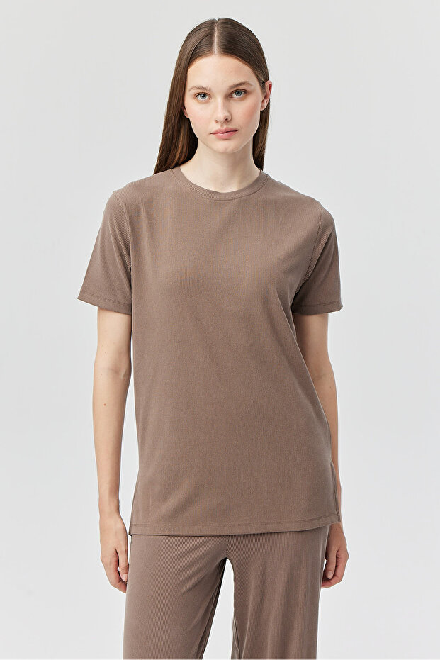 Kadın İnce Fitilli Basic T-shirt - 2