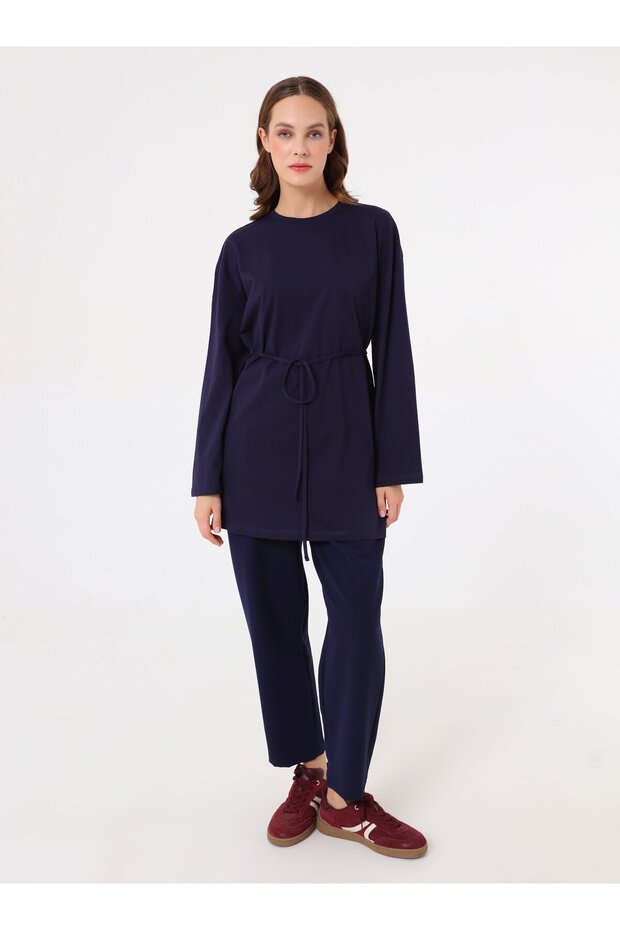 Tunic with Tie at the Waist - Navy Blue -