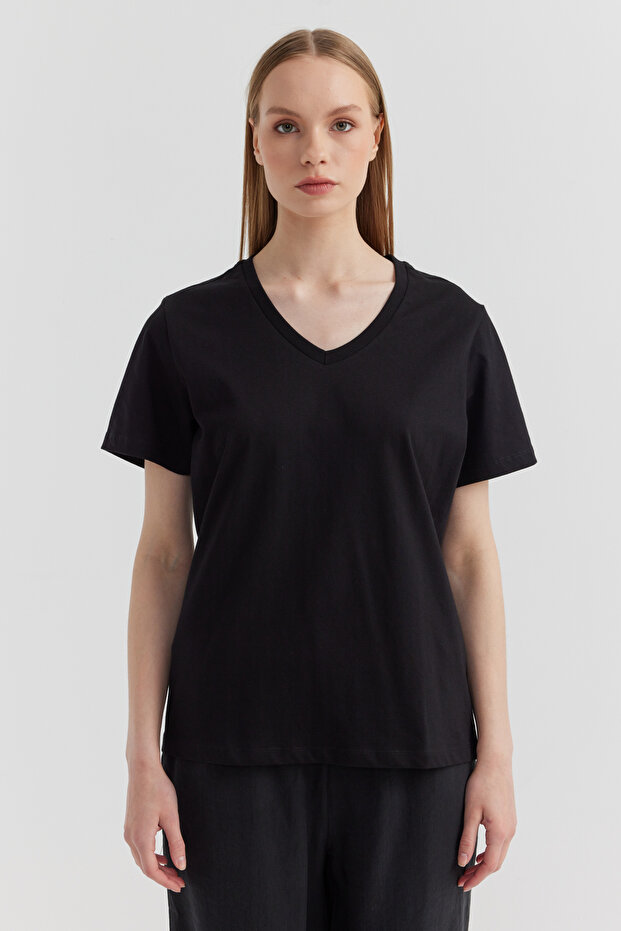 Kadın V Yaka Basic T-shirt - 1