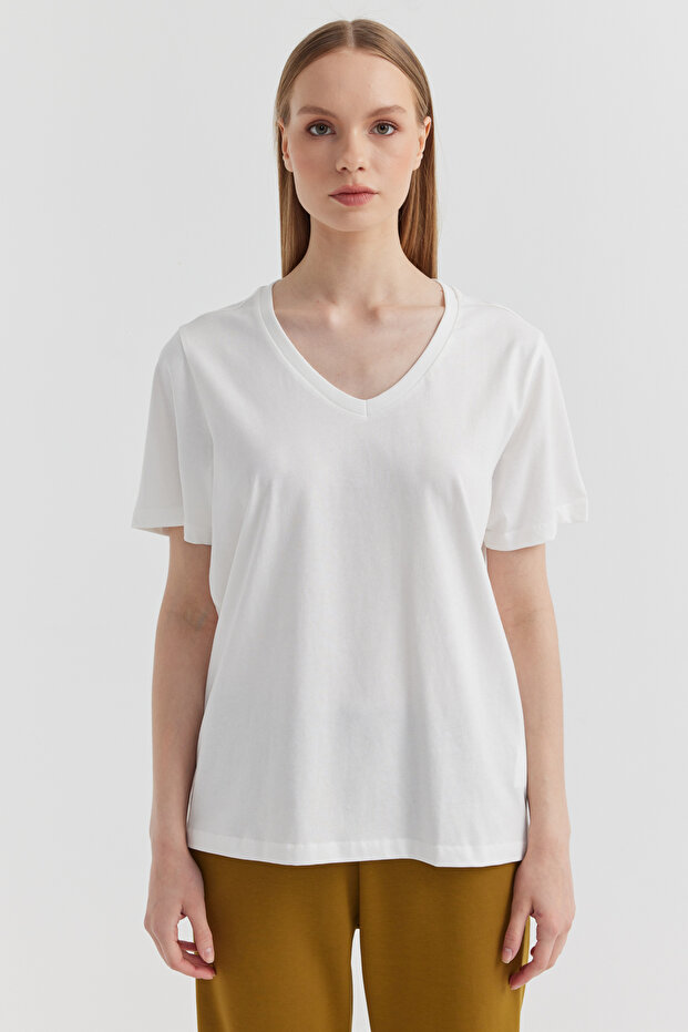 Kadın V Yaka Basic T-shirt - 1