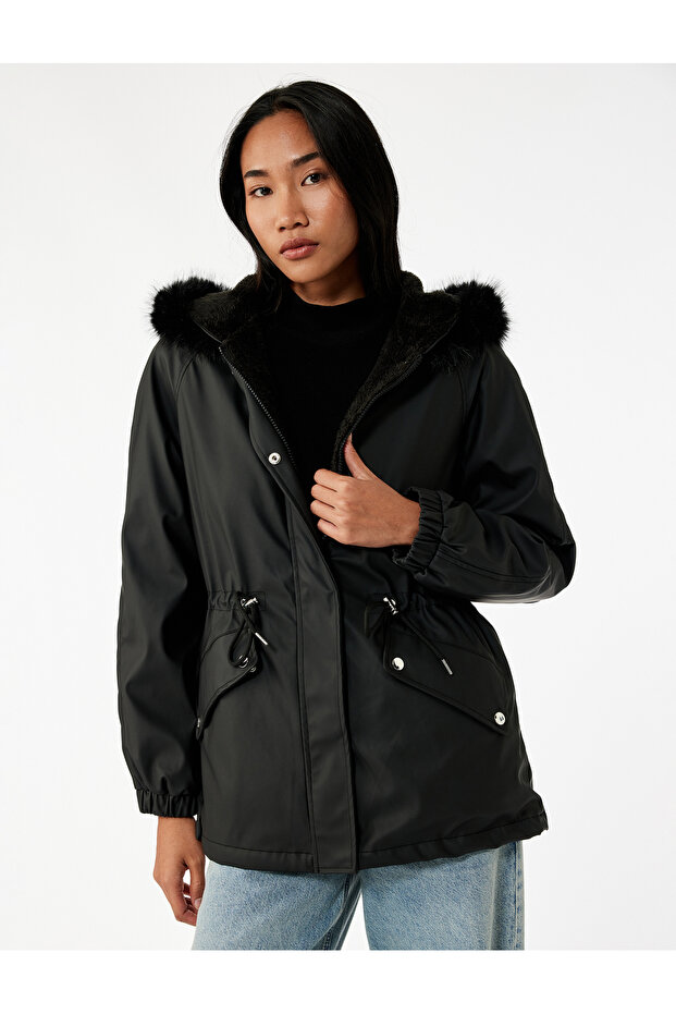 Hooded Anorak Coat with Fleece Lining, Pockets, Detachable Faux Fur Accessory Detail