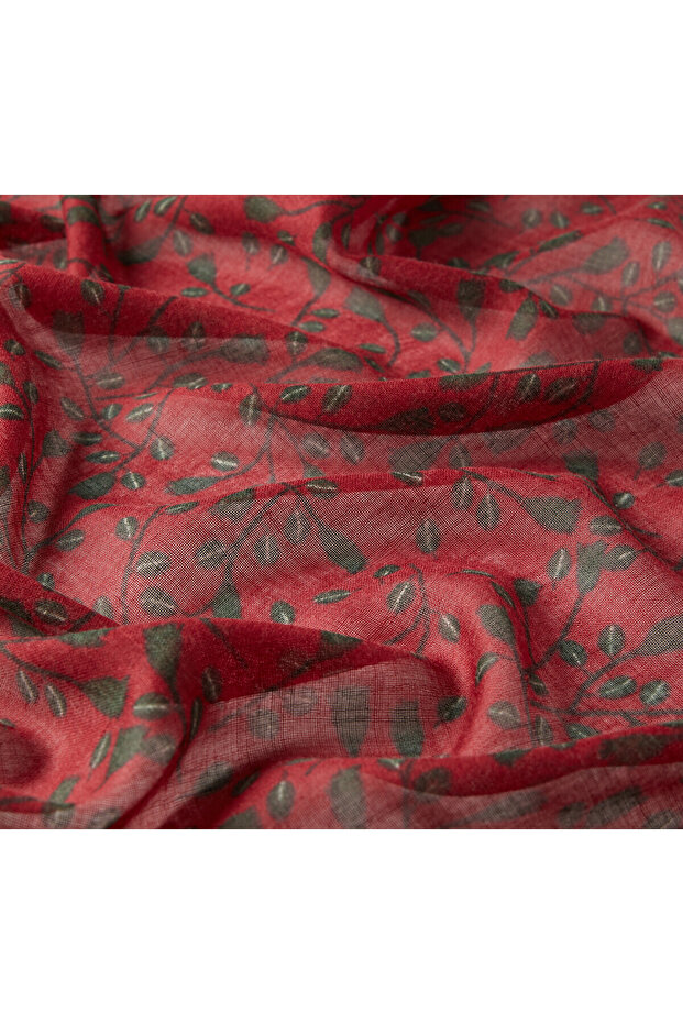 Burgundy Mini Leaf Patterned Wool Shawl - 3