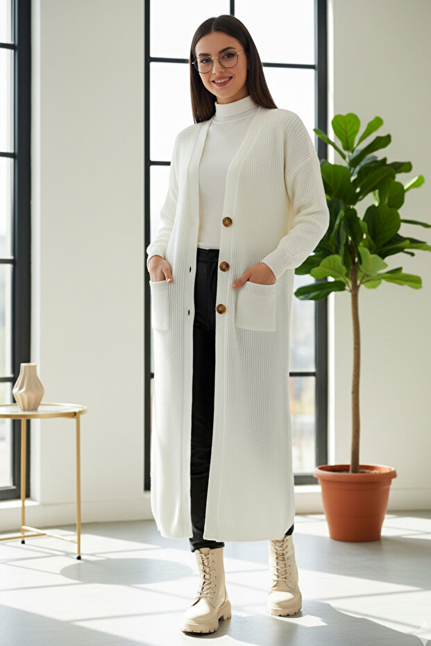 Long Knit Cardigan with Pockets R2892 Stone Color