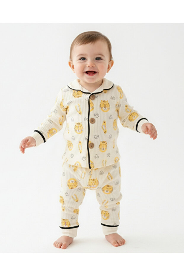 Baby Boy Cute Printed 6-9-12-18-24 Months Transitional Corded Fabric Double-Breasted Collared Nightgown Pajama Set