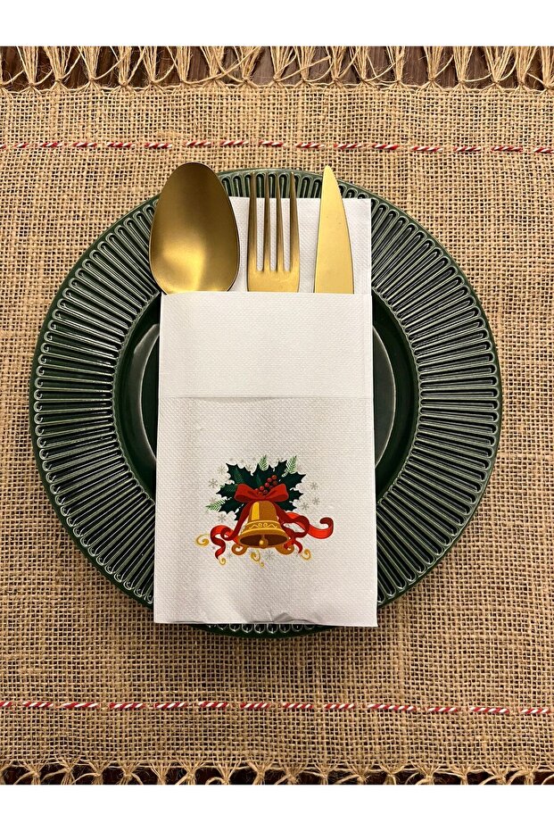 Christmas Tree Bell Printed Kangaroo Pocket Napkins White12 Pieces