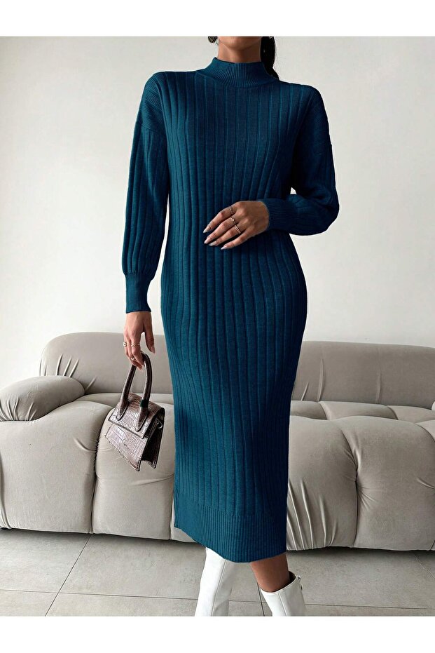 Half Turtleneck Fit Cut Long Knit Dress