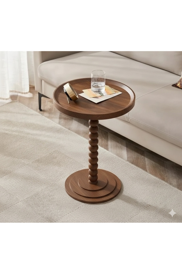 round wooden side table with a unique design in brown