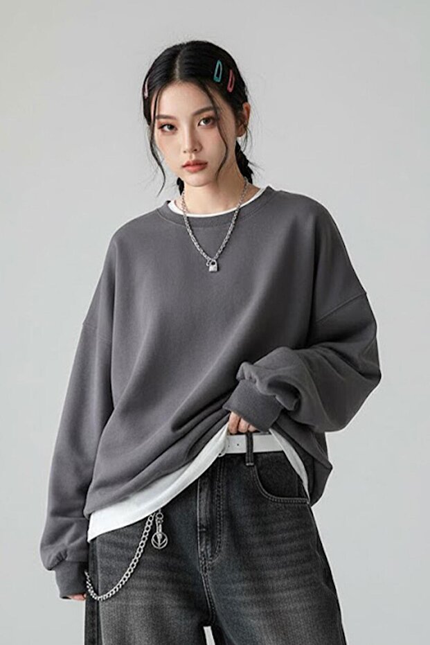 Plain Smoked Medium Thickness Fabric Oversize Unisex Sweatshirt