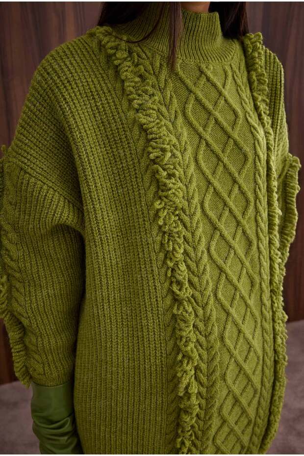 Püskül Detaylı Örme Kazak Yeşil - 3