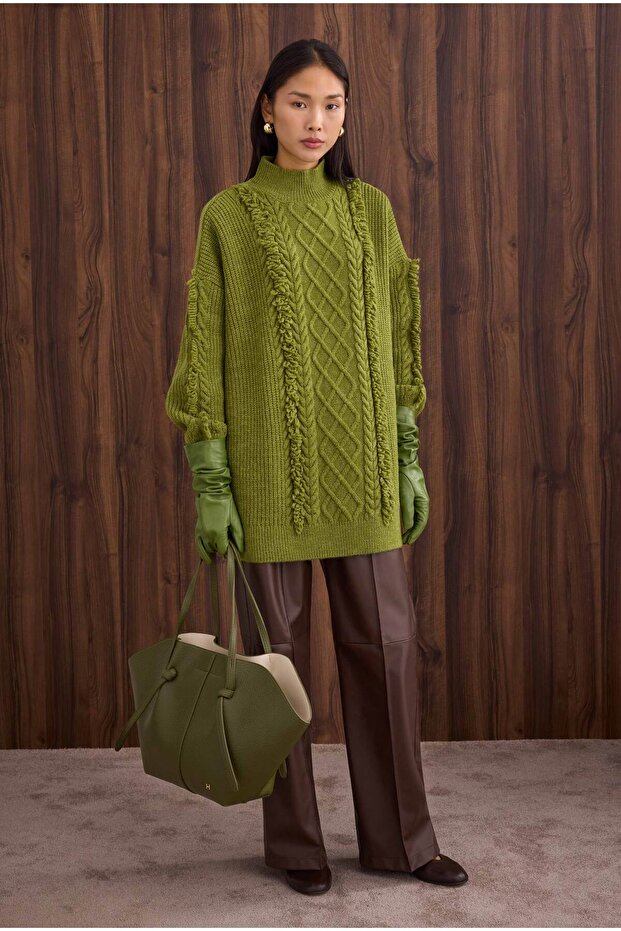 Püskül Detaylı Örme Kazak Yeşil - 2