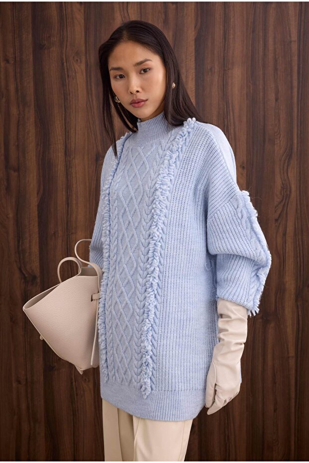 Püskül Detaylı Örme Kazak Buz Mavi - 4