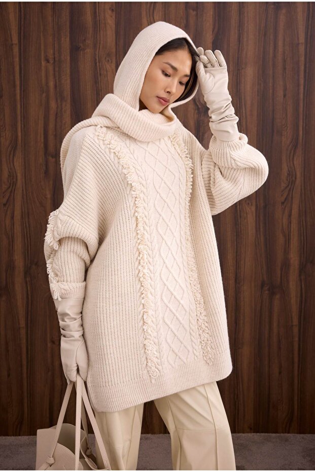 Püskül Detaylı Örme Kazak Ekru - 3