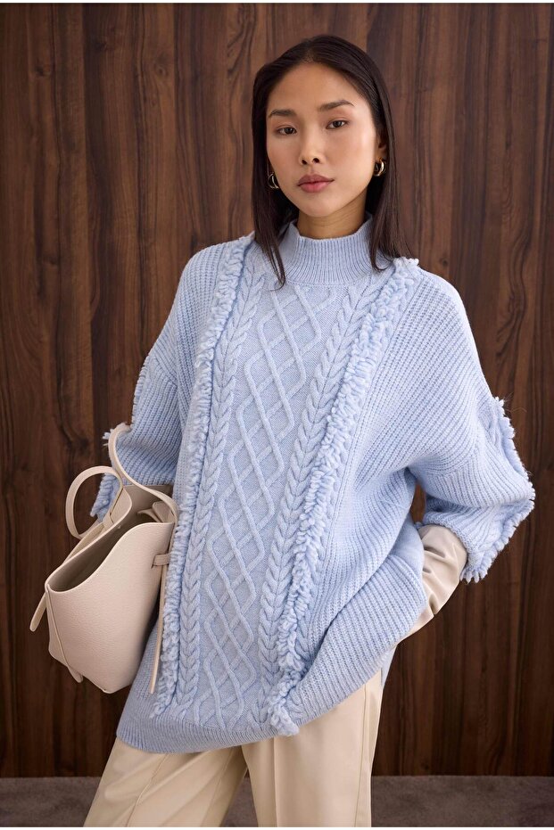 Püskül Detaylı Örme Kazak Buz Mavi - 3