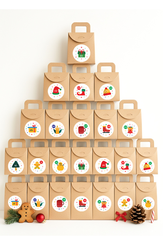 Kraft Advent Calendar 24 Adet Boş Hediye Kutusu Seti 10x15x5,5 cm + 24 Adet Numara Etiketi - 1