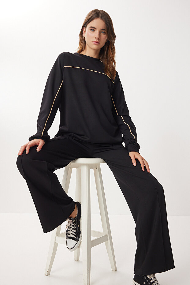 Contrast Stripe Modal Top and Bottom Set Lci0062 Black