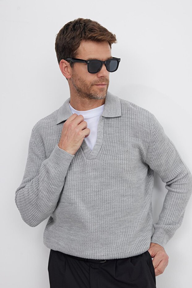 Men's Slim Fit Slim Fit Polo Neck Gray Sweater